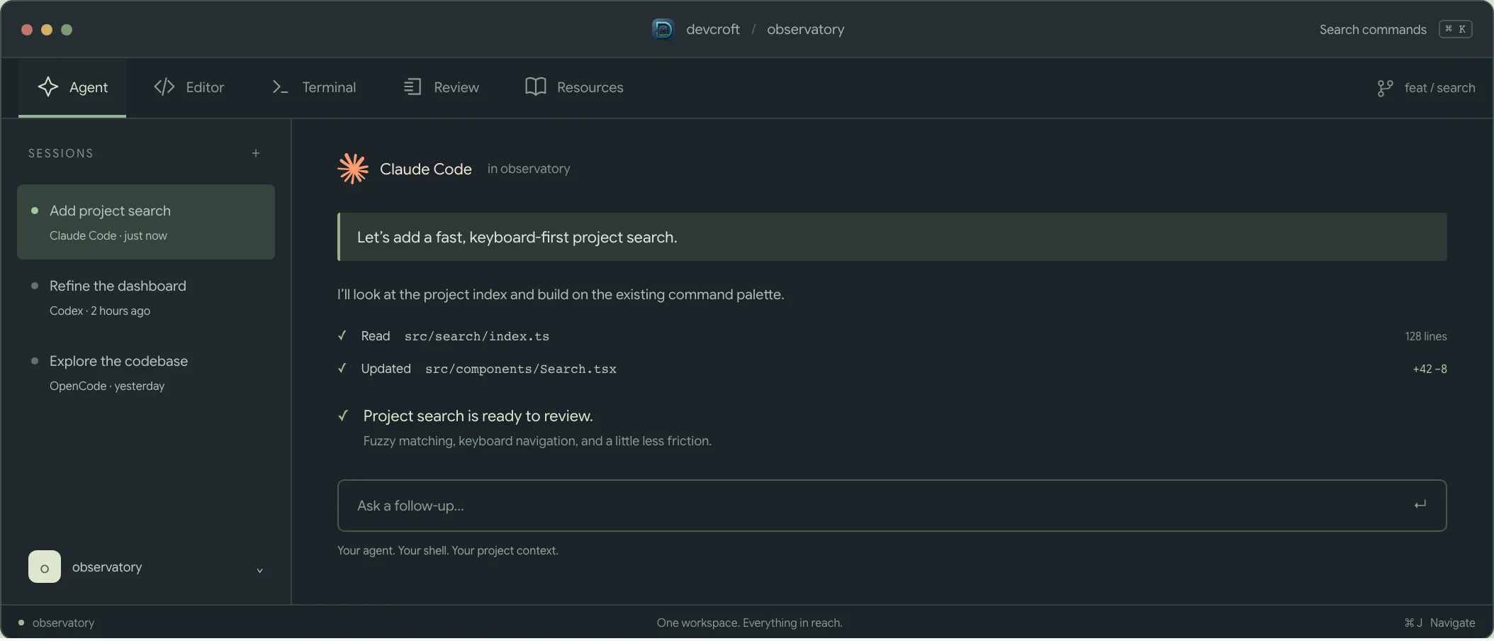 Illustrative Devcroft workspace with recent agent sessions beside an active coding conversation.