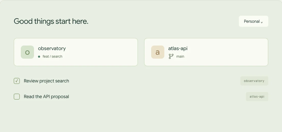 Illustrative project overview with recent repositories and a project todo list.
