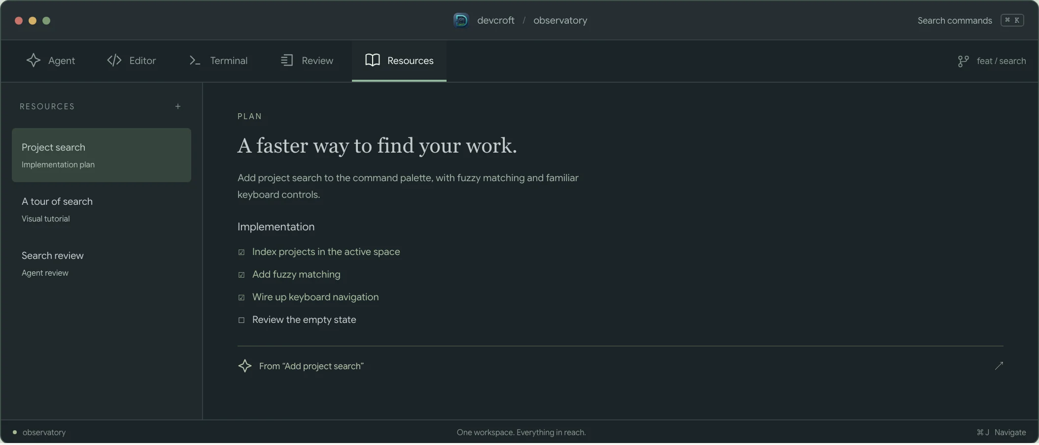 Illustrative repository resources with an implementation plan open beside a list of project documents.