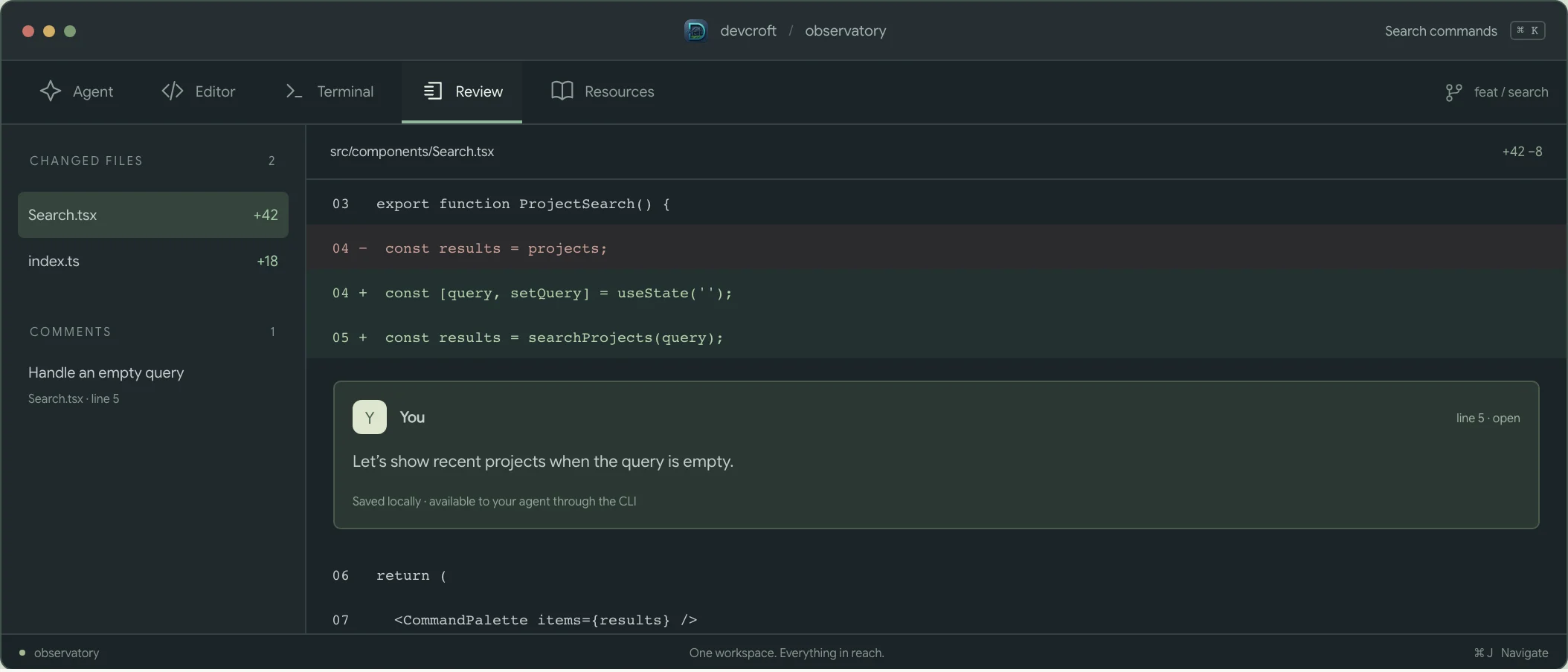 Illustrative code review showing a syntax-highlighted diff and a saved line comment.