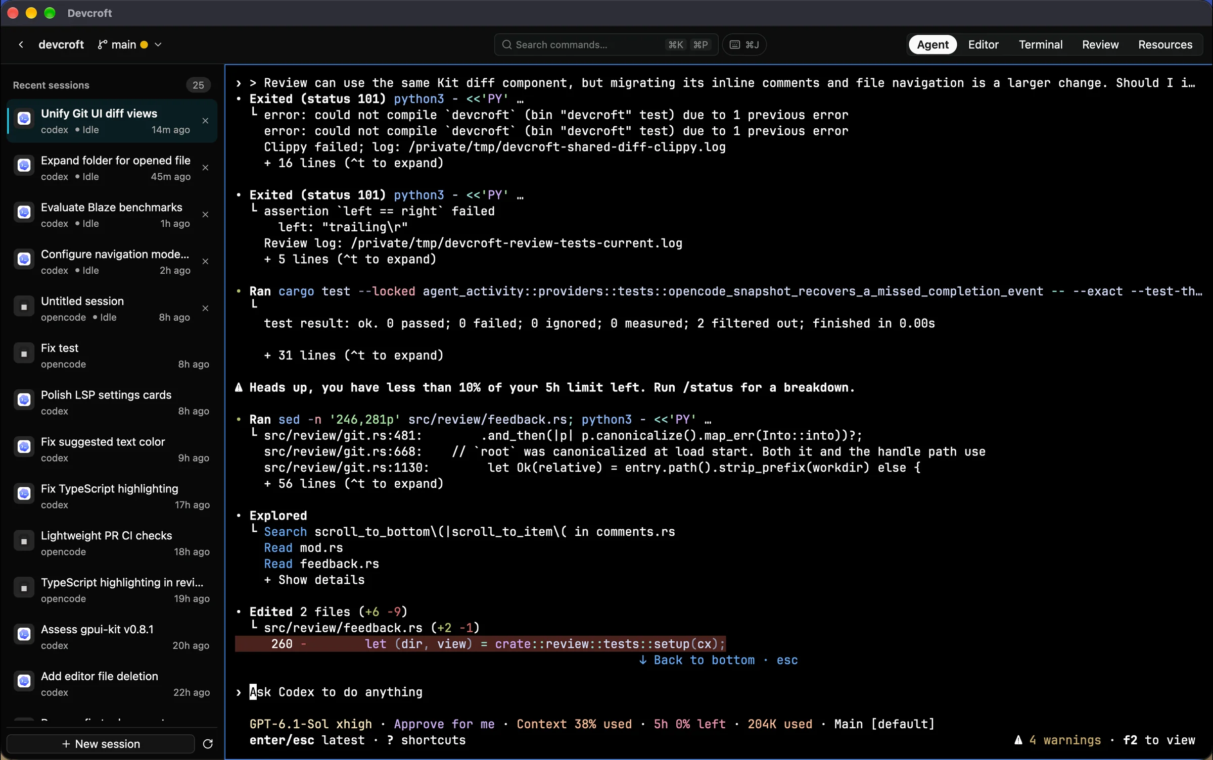 Devcroft Agent tab showing a Codex conversation, recent sessions in the sidebar, and the devcroft repository on main.