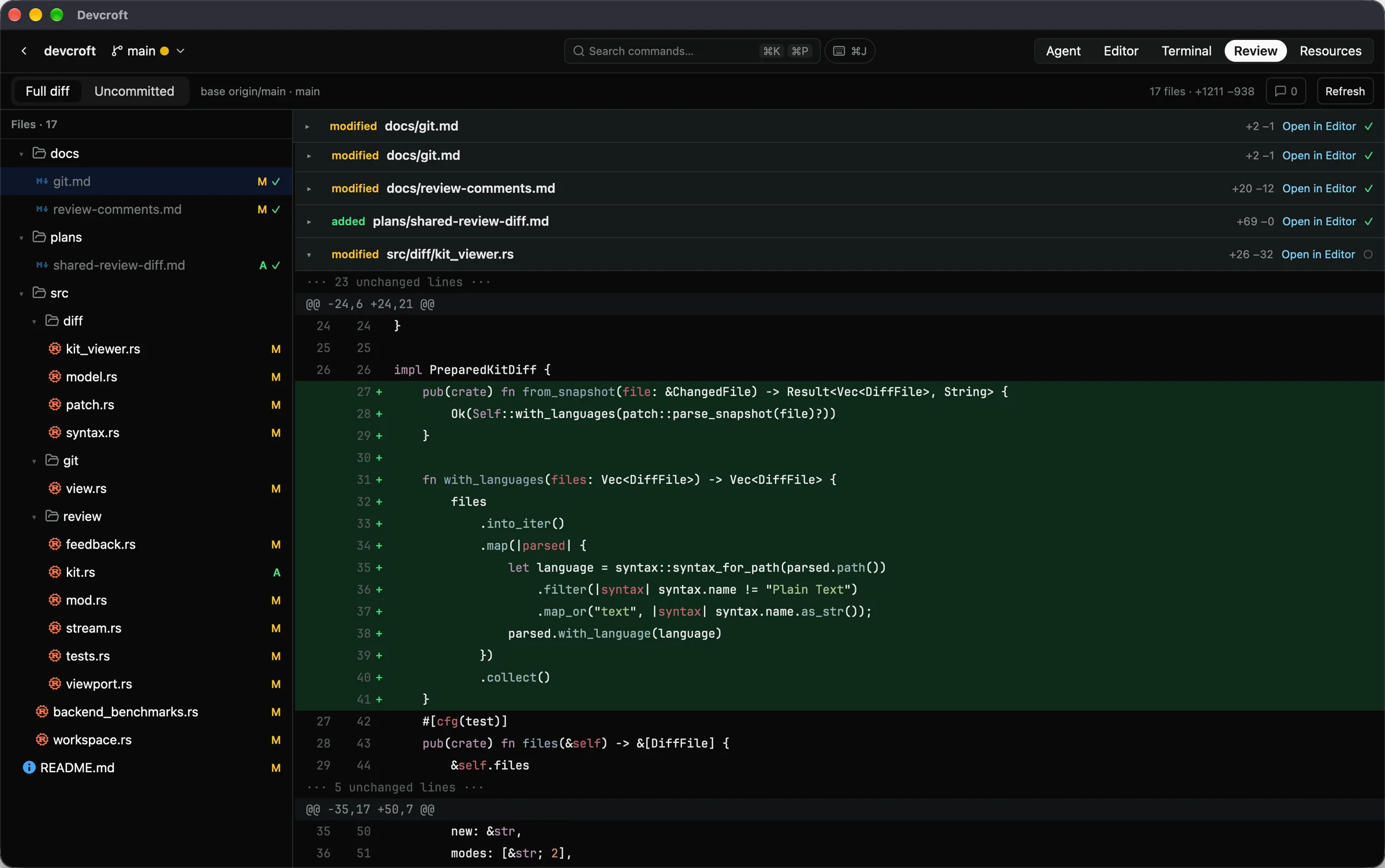 Devcroft Review tab showing changed files and a syntax-highlighted diff against origin/main.